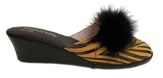 300 Camoscio Zebrato Senape con piuma suola Bufalo Ciabatte da camera Donna Original Milly Made in Italy