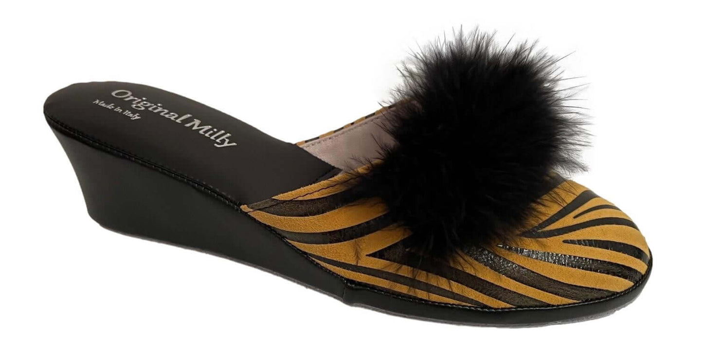 300 Camoscio Zebrato Senape con piuma suola Bufalo Ciabatte da camera Donna Original Milly Made in Italy