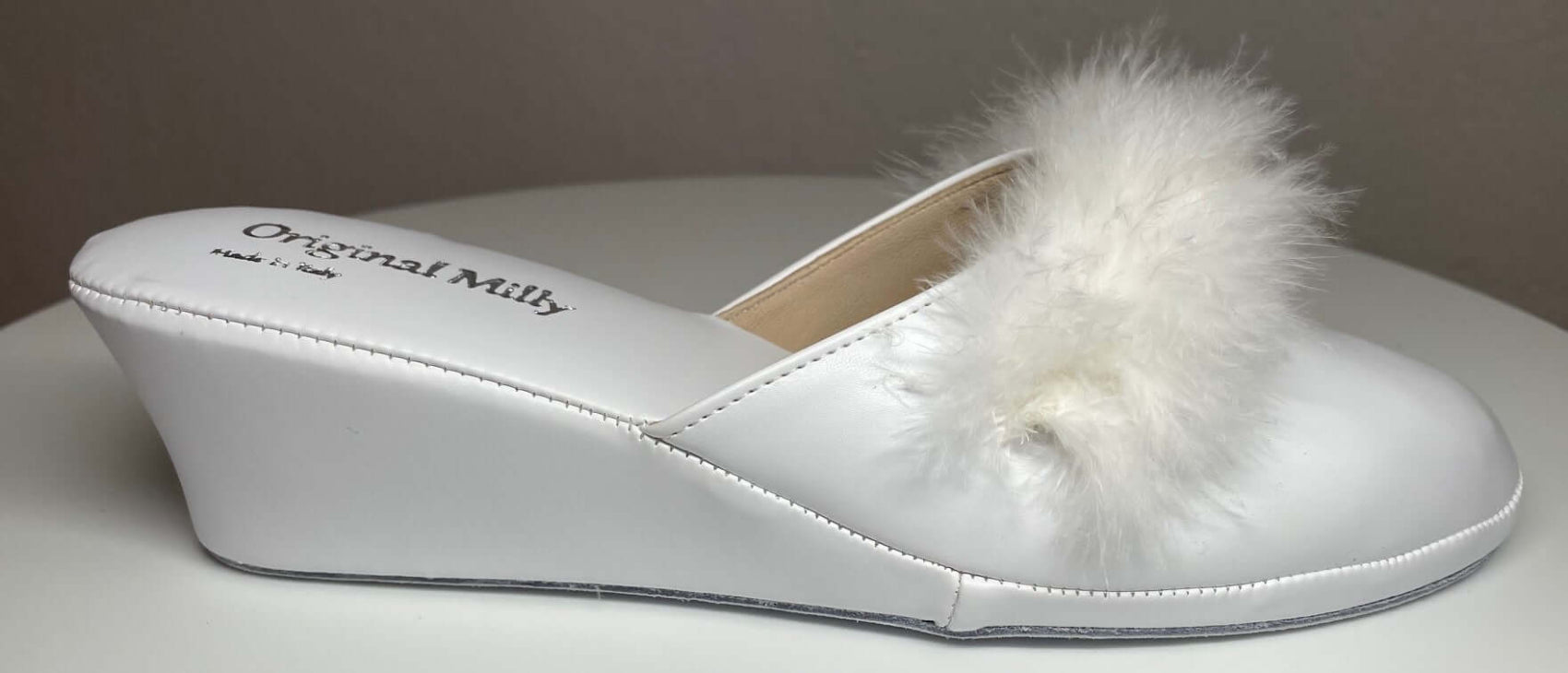 300 Ecopelle Bianco con piuma suola Bufalo Ciabatte da camera Donna Original Milly Made in Italy