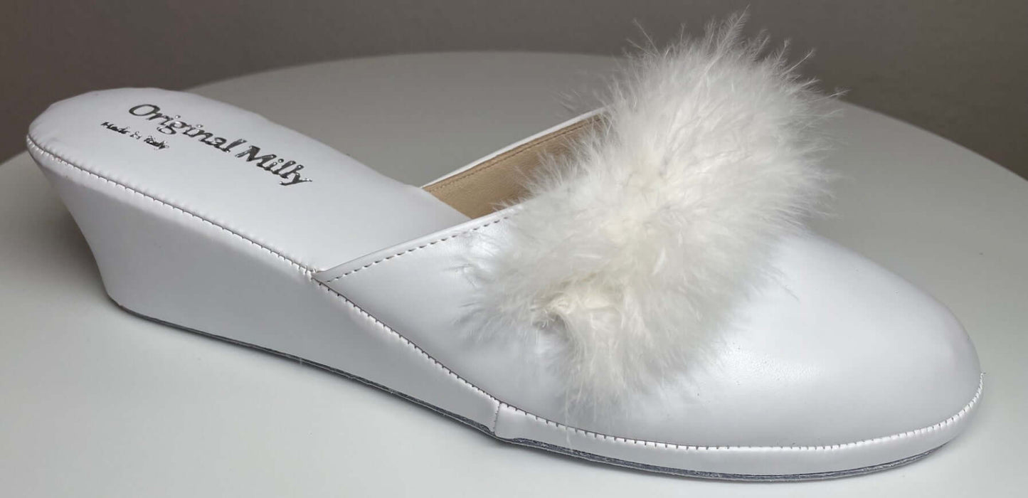 300 Ecopelle Bianco con piuma suola Bufalo Ciabatte da camera Donna Original Milly Made in Italy