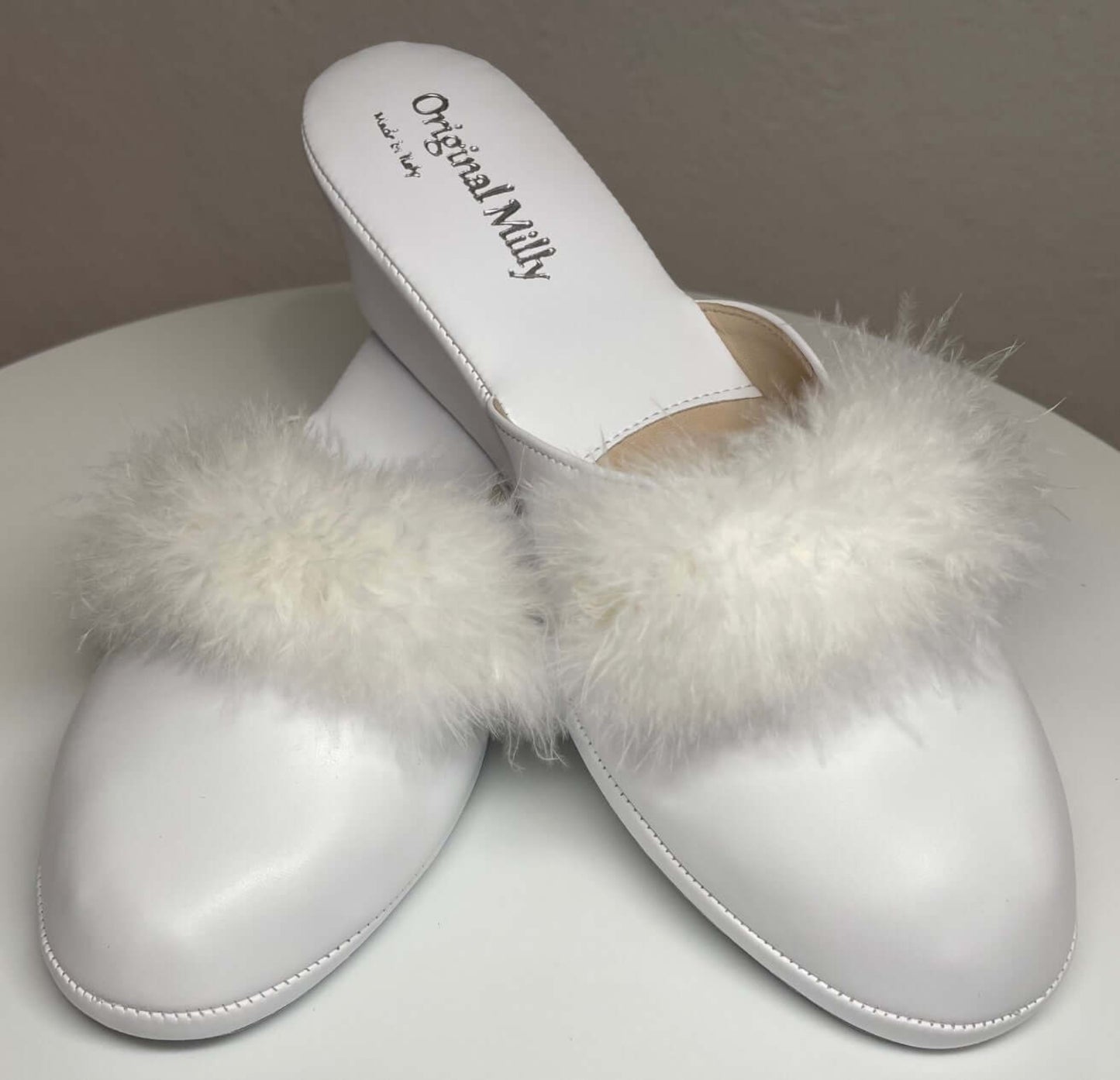 300 Ecopelle Bianco con piuma suola Bufalo Ciabatte da camera Donna Original Milly Made in Italy