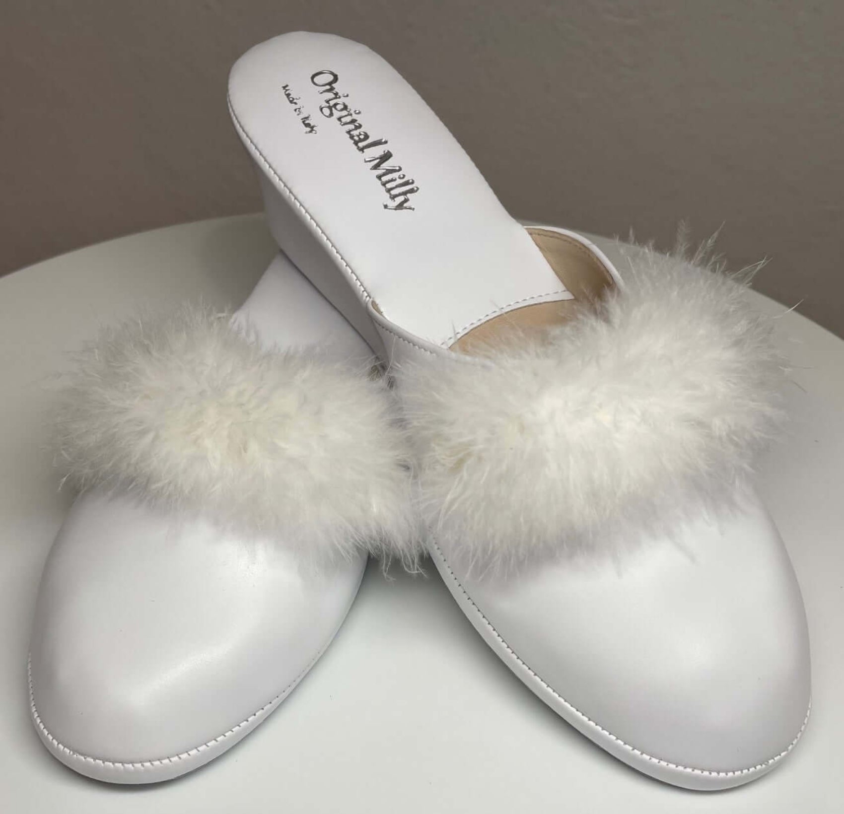 300 Ecopelle Bianco con piuma suola Bufalo Ciabatte da camera Donna Original Milly Made in Italy