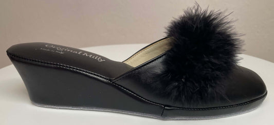 300 Ecopelle Nero con piuma suola Bufalo Ciabatte da camera Donna Original Milly Made in Italy