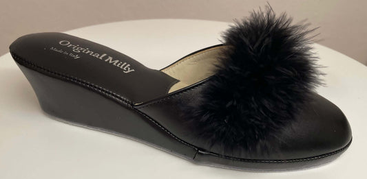 300 Ecopelle Nero con piuma suola Bufalo Ciabatte da camera Donna Original Milly Made in Italy