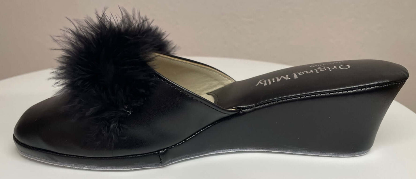 300 Ecopelle Nero con piuma suola Bufalo Ciabatte da camera Donna Original Milly Made in Italy