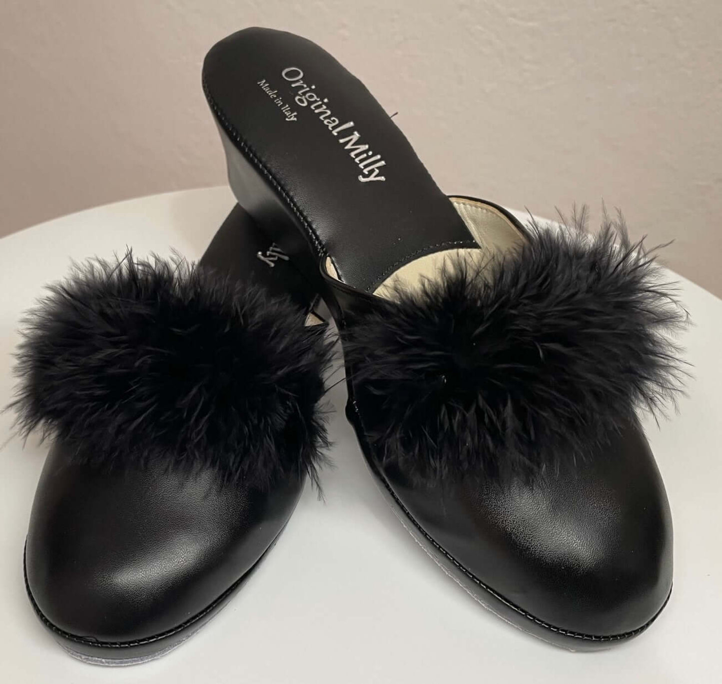 300 Ecopelle Nero con piuma suola Bufalo Ciabatte da camera Donna Original Milly Made in Italy