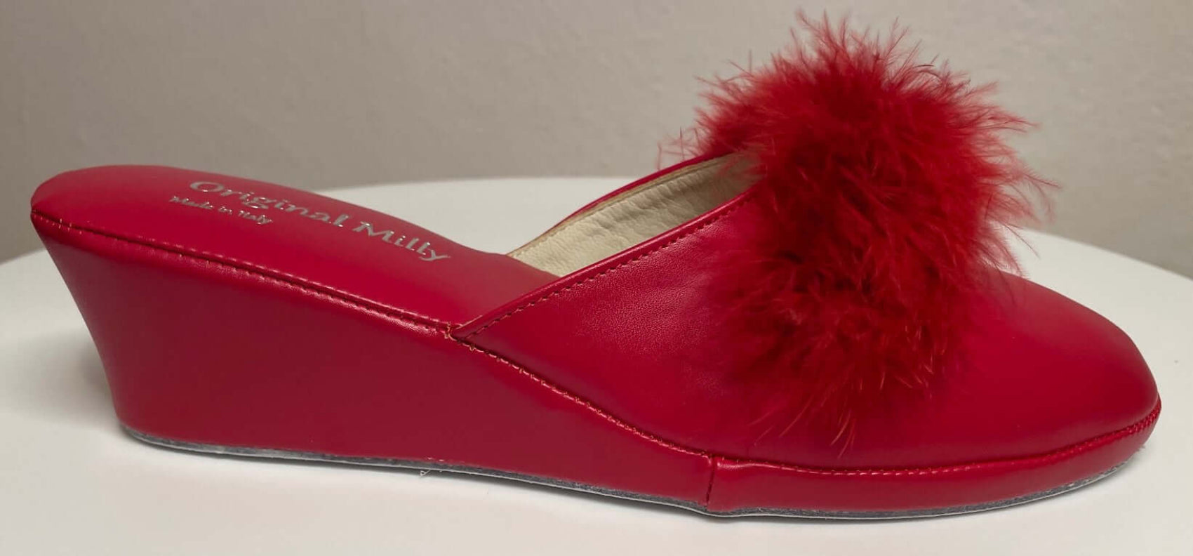 300 Ecopelle Rosso con piuma suola Bufalo Ciabatte da camera Donna Original Milly Made in Italy