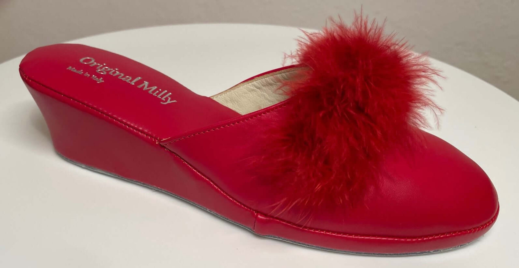 300 Ecopelle Rosso con piuma suola Bufalo Ciabatte da camera Donna Original Milly Made in Italy