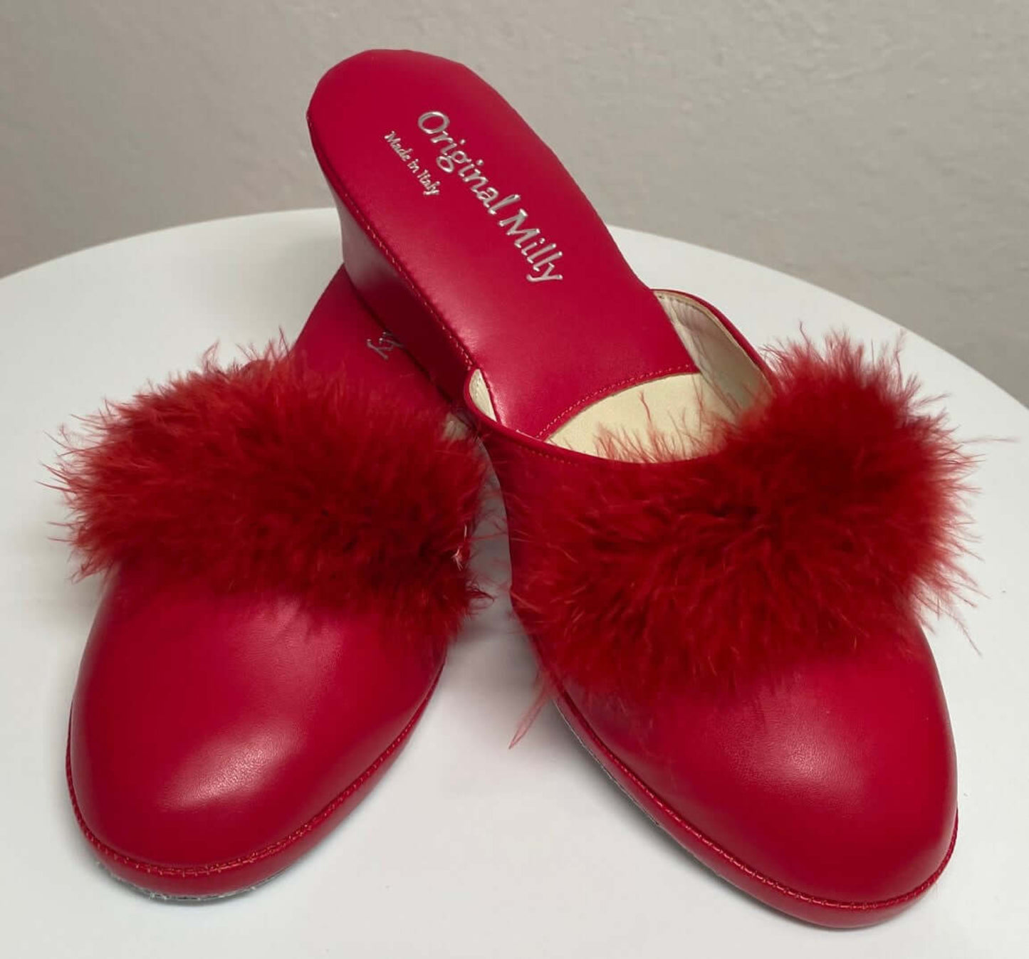 300 Ecopelle Rosso con piuma suola Bufalo Ciabatte da camera Donna Original Milly Made in Italy