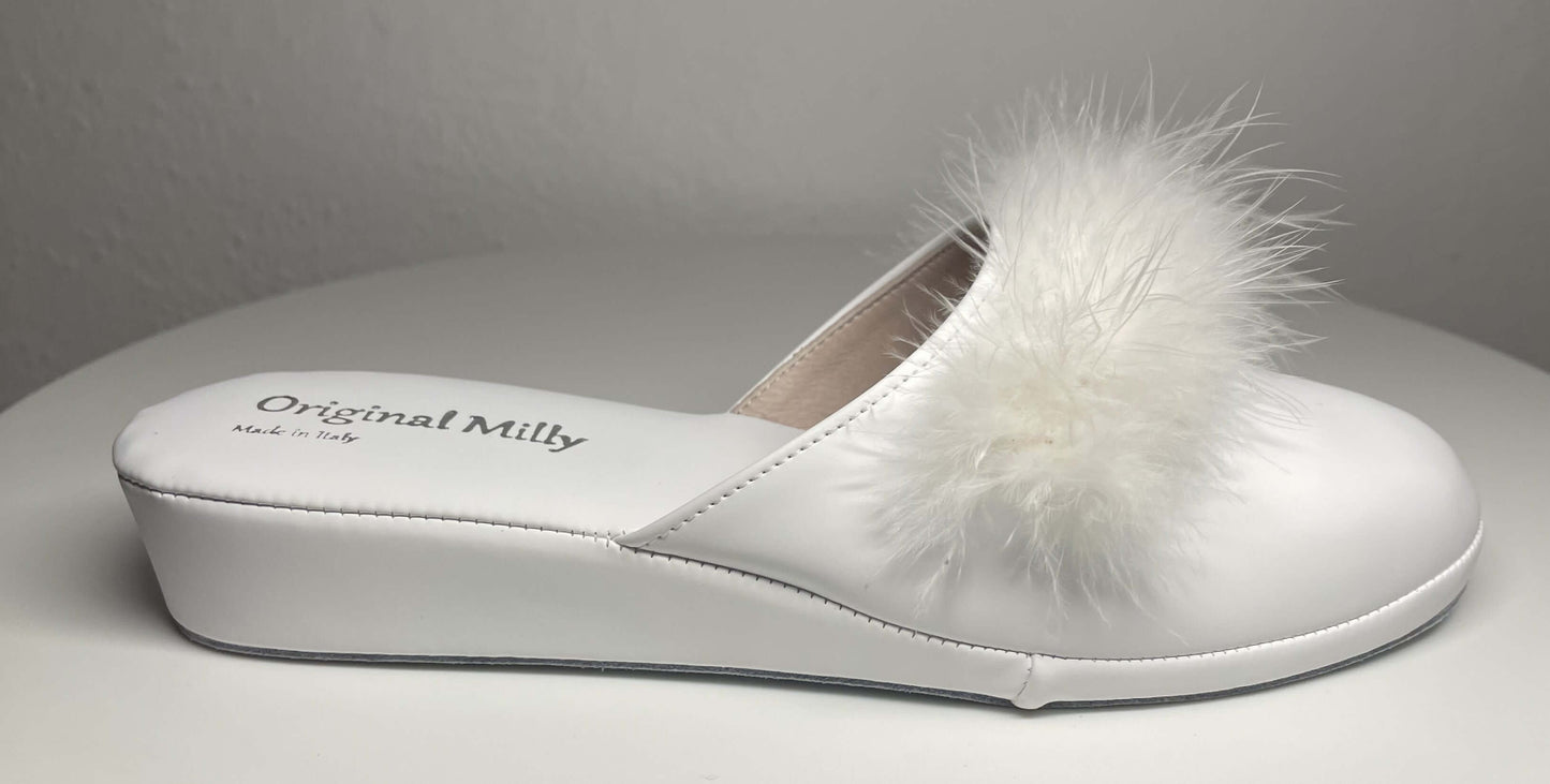 302 Ecopelle Bianco con Piuma Suola Bufalo Ciabatte da camera Donna Original Milly Made in Italy