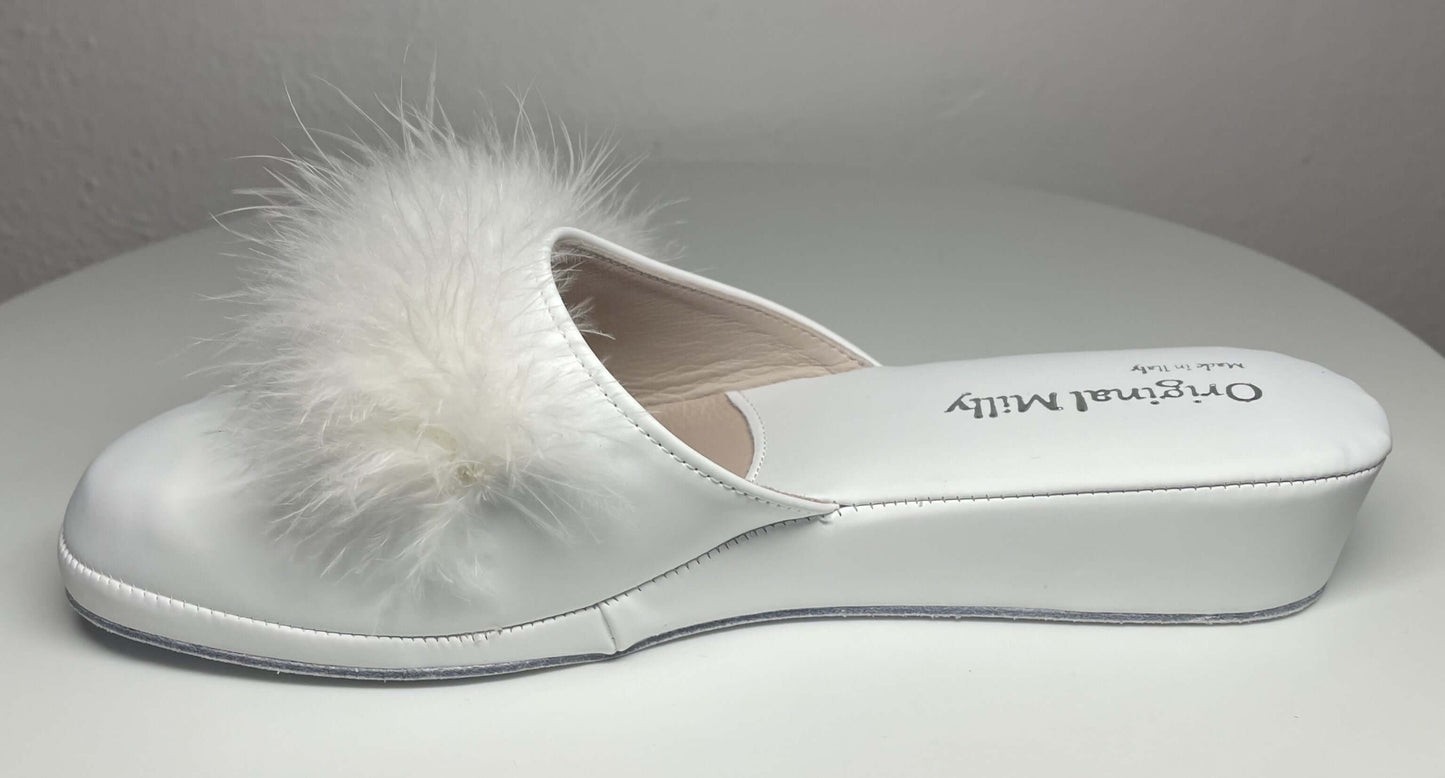 302 Ecopelle Bianco con Piuma Suola Bufalo Ciabatte da camera Donna Original Milly Made in Italy