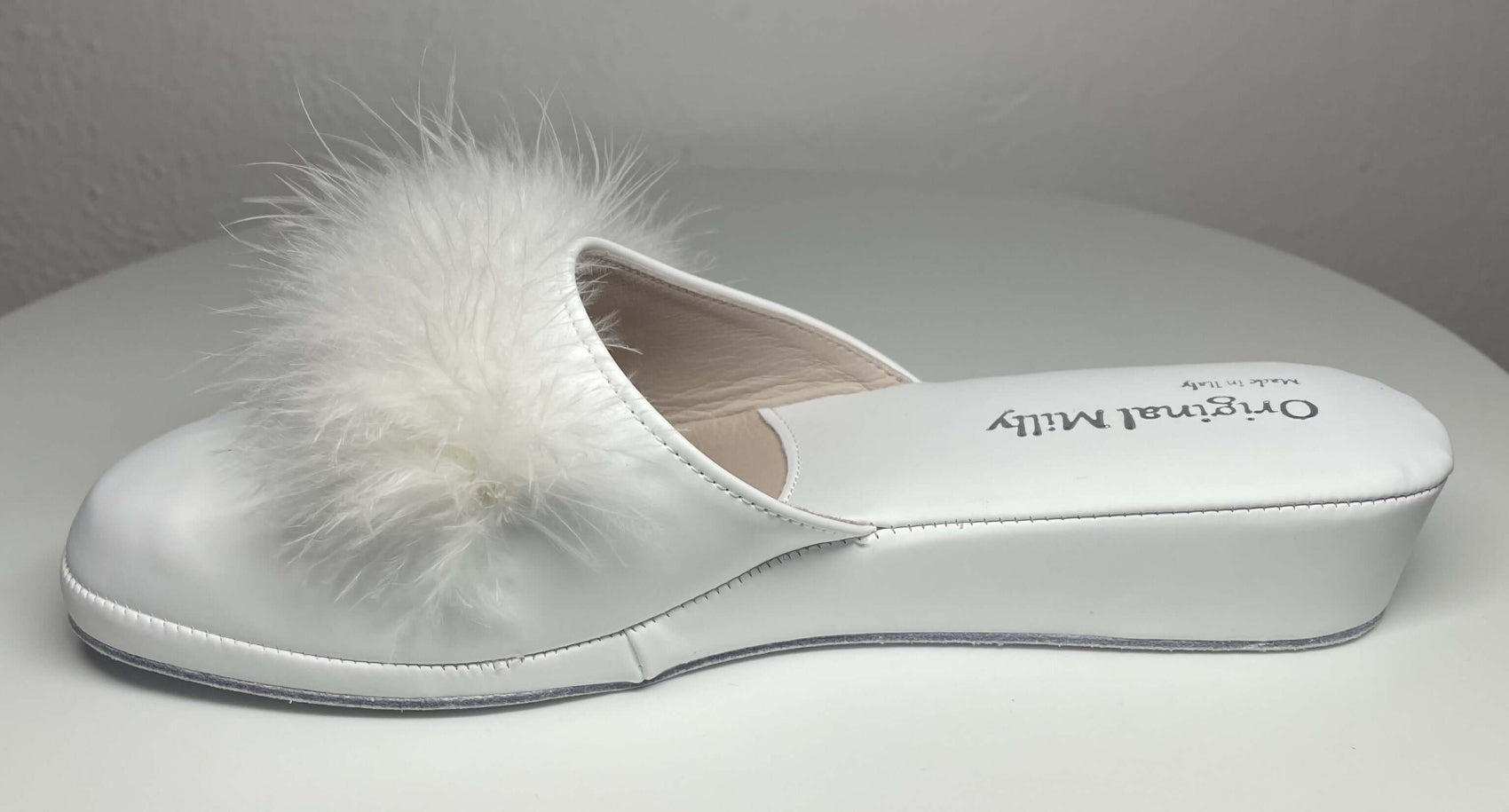 302 Ecopelle Bianco con Piuma Suola Bufalo Ciabatte da camera Donna Original Milly Made in Italy