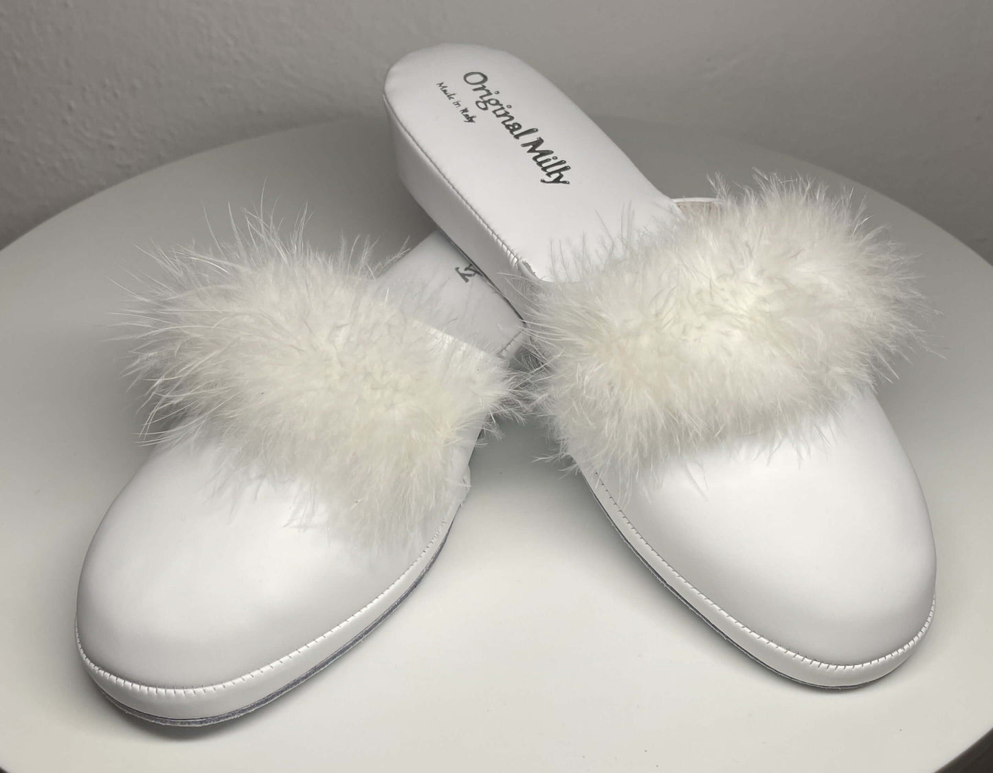 302 Ecopelle Bianco con Piuma Suola Bufalo Ciabatte da camera Donna Original Milly Made in Italy