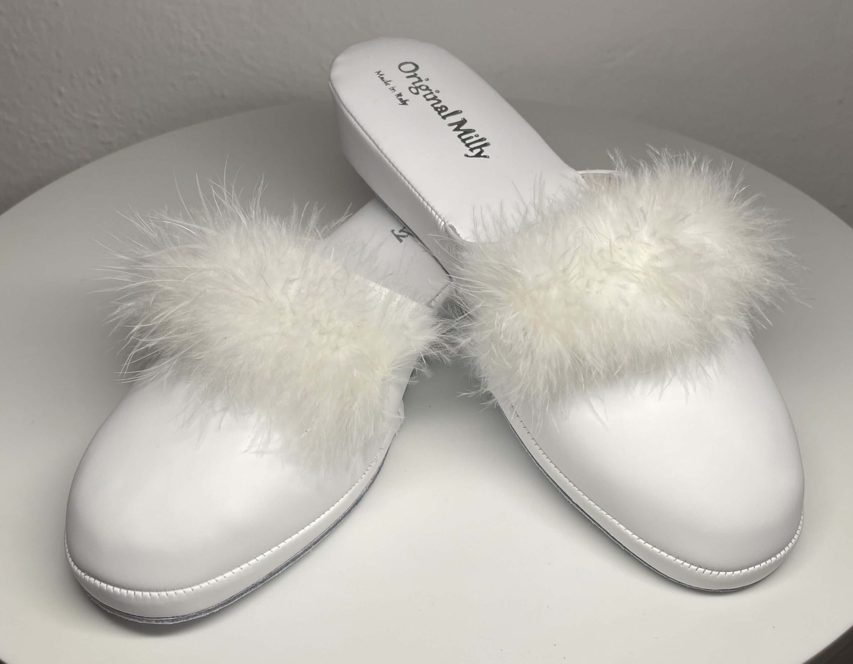 302 Ecopelle Bianco con Piuma Suola Bufalo Ciabatte da camera Donna Original Milly Made in Italy