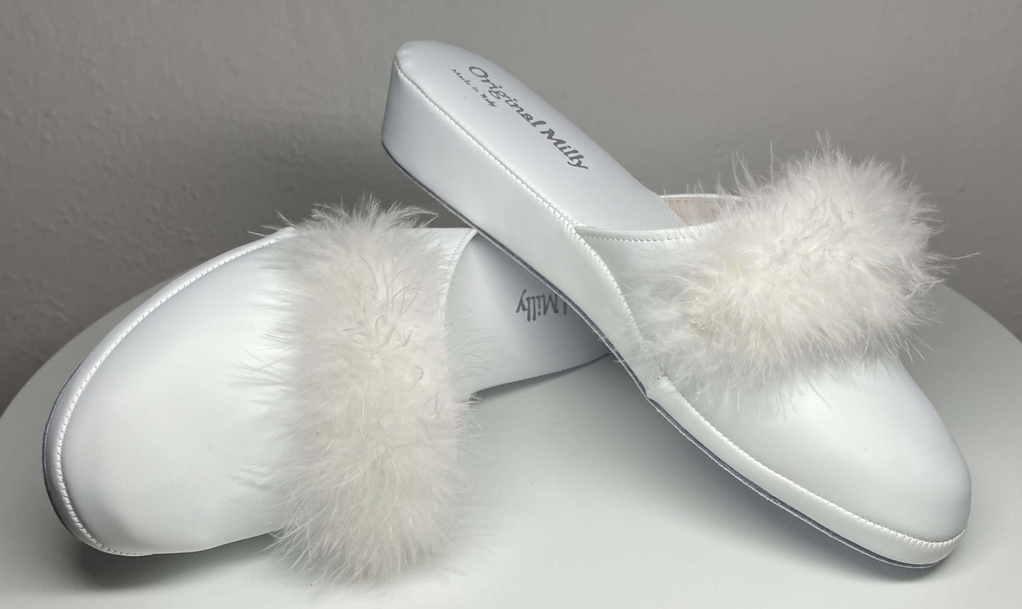 302 Ecopelle Bianco con Piuma Suola Bufalo Ciabatte da camera Donna Original Milly Made in Italy