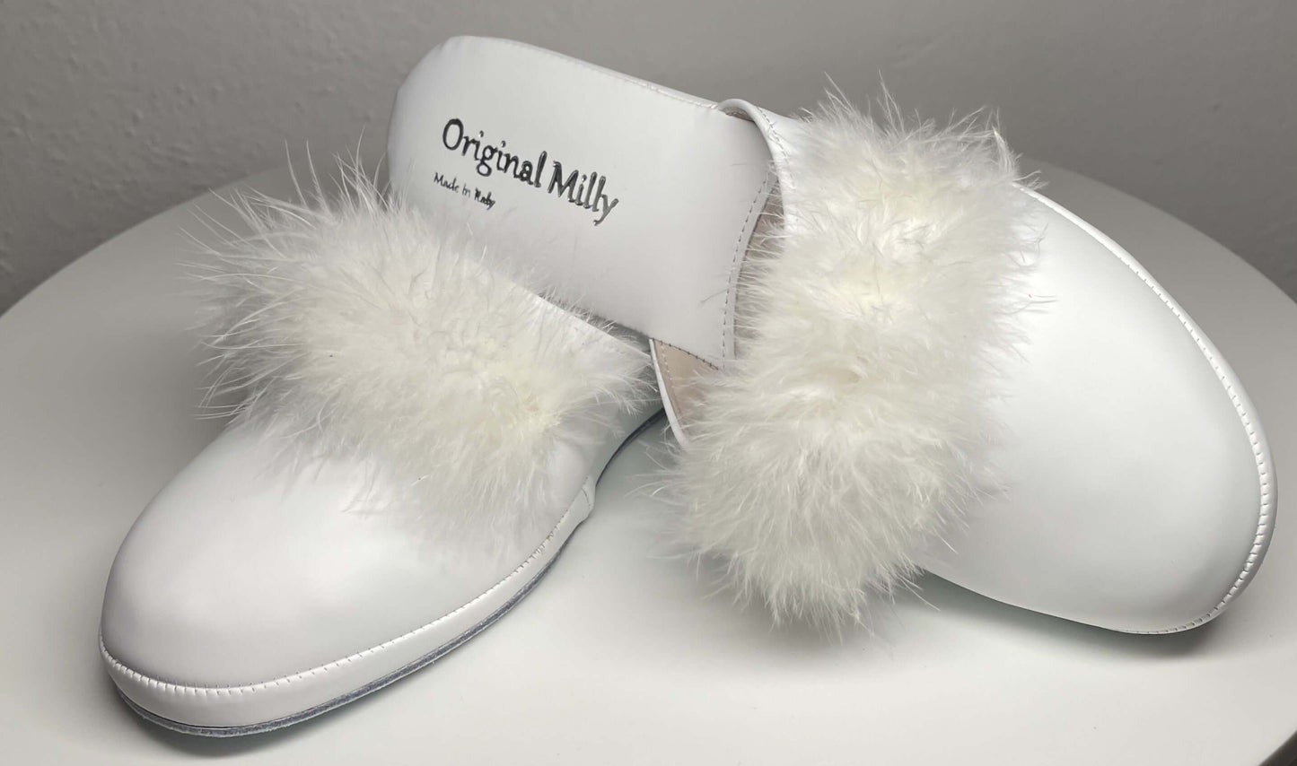 302 Ecopelle Bianco con Piuma Suola Bufalo Ciabatte da camera Donna Original Milly Made in Italy