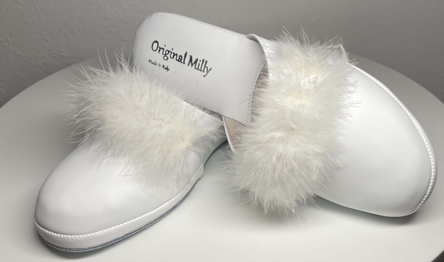 302 Ecopelle Bianco con Piuma Suola Bufalo Ciabatte da camera Donna Original Milly Made in Italy
