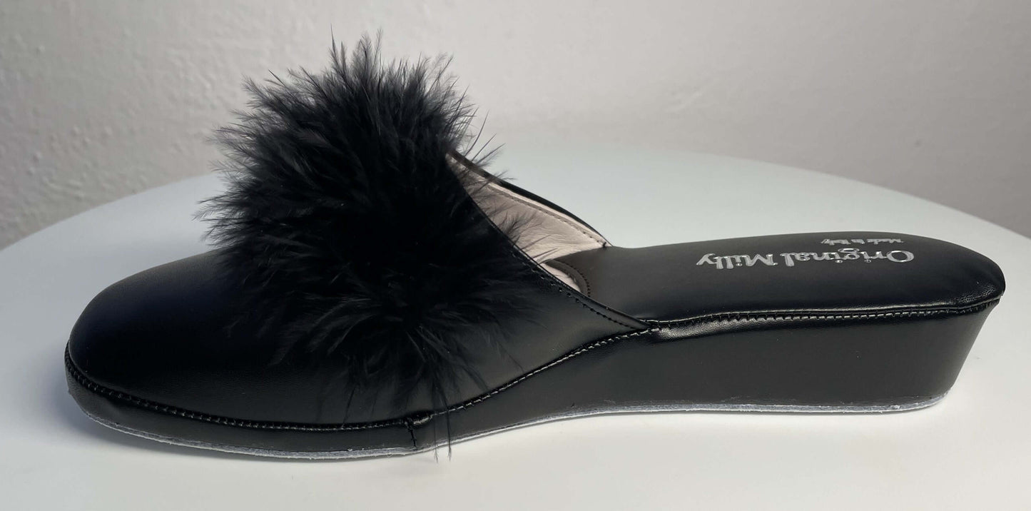 302 Ecopelle Nero con piuma Suola Bufalo Ciabatte da camera Donna Original Milly Made in Italy