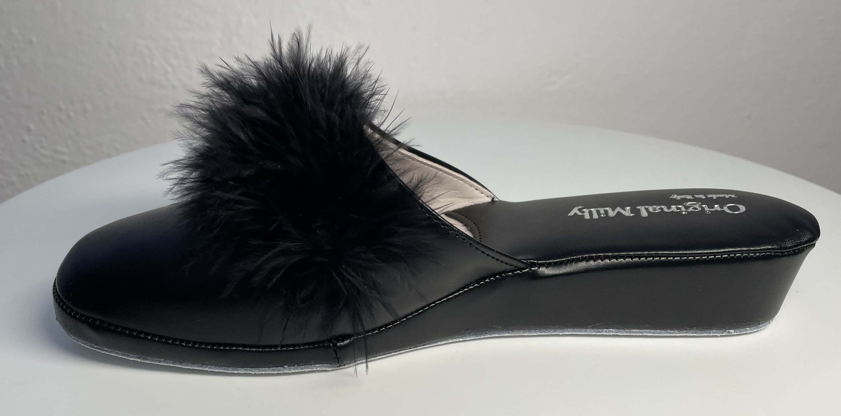 302 Ecopelle Nero con piuma Suola Bufalo Ciabatte da camera Donna Original Milly Made in Italy