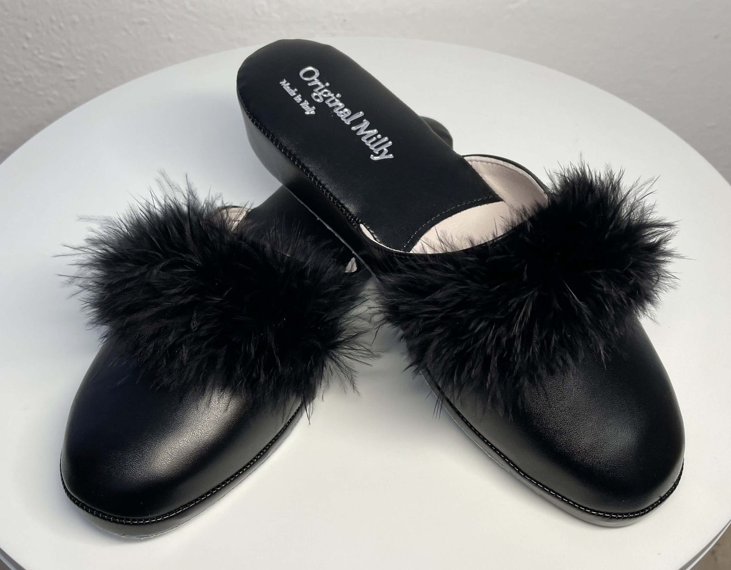 302 Ecopelle Nero con piuma Suola Bufalo Ciabatte da camera Donna Original Milly Made in Italy