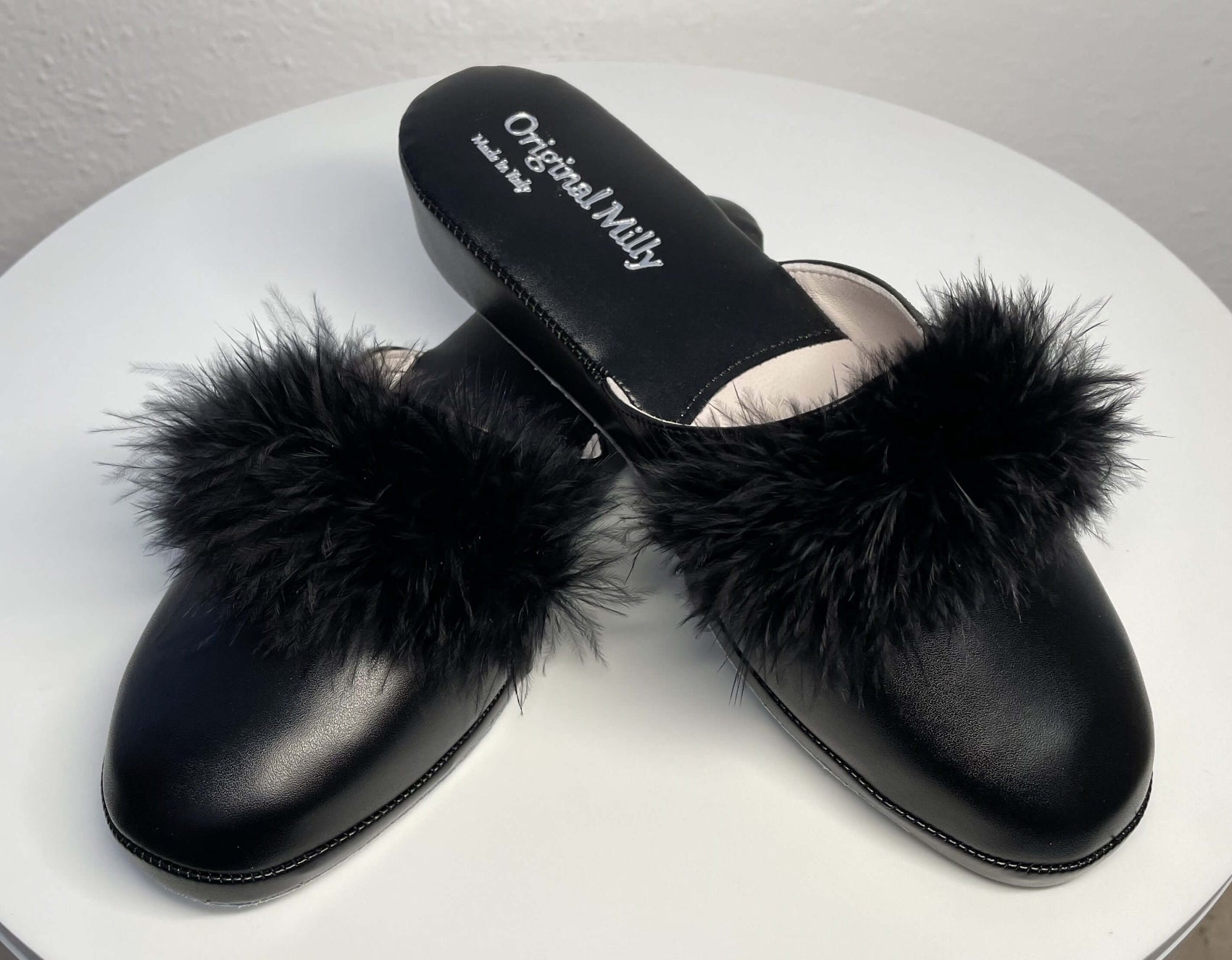 302 Ecopelle Nero con piuma Suola Bufalo Ciabatte da camera Donna Original Milly Made in Italy