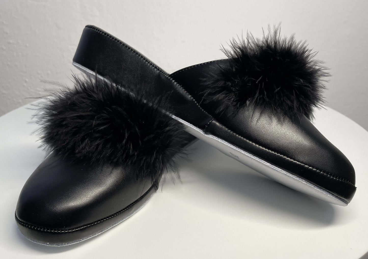 302 Ecopelle Nero con piuma Suola Bufalo Ciabatte da camera Donna Original Milly Made in Italy