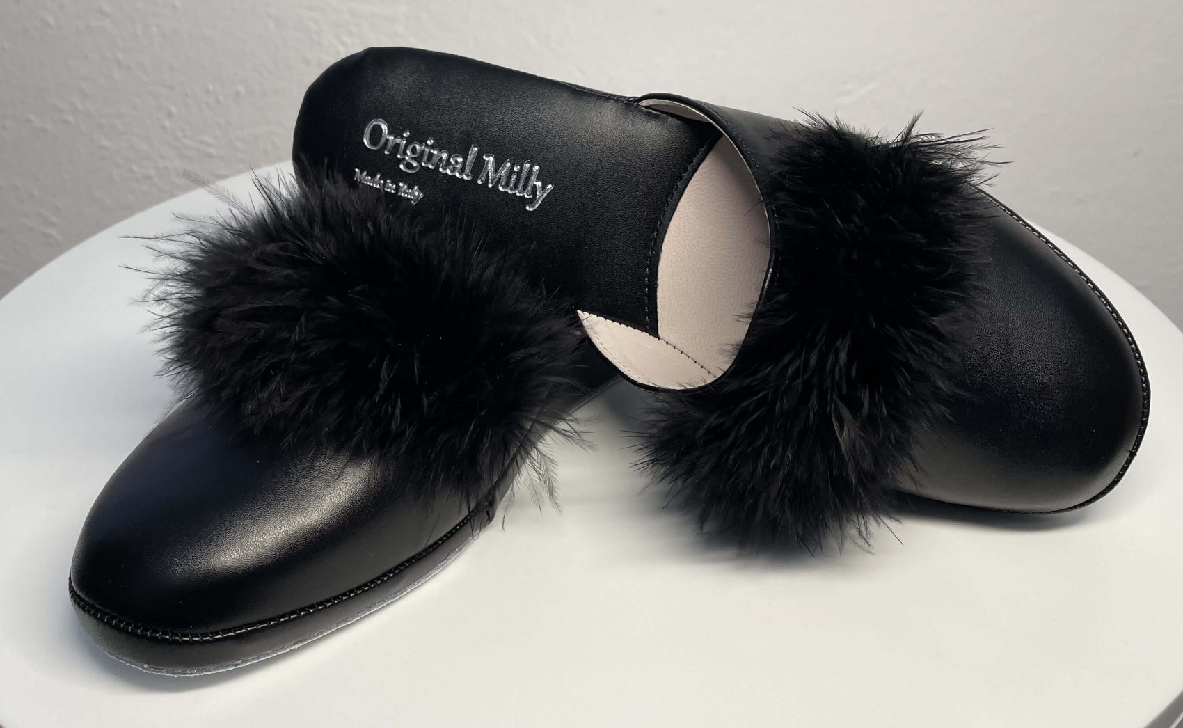 302 Ecopelle Nero con piuma Suola Bufalo Ciabatte da camera Donna Original Milly Made in Italy