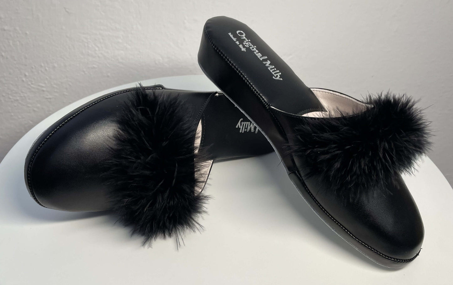 302 Ecopelle Nero con piuma Suola Bufalo Ciabatte da camera Donna Original Milly Made in Italy
