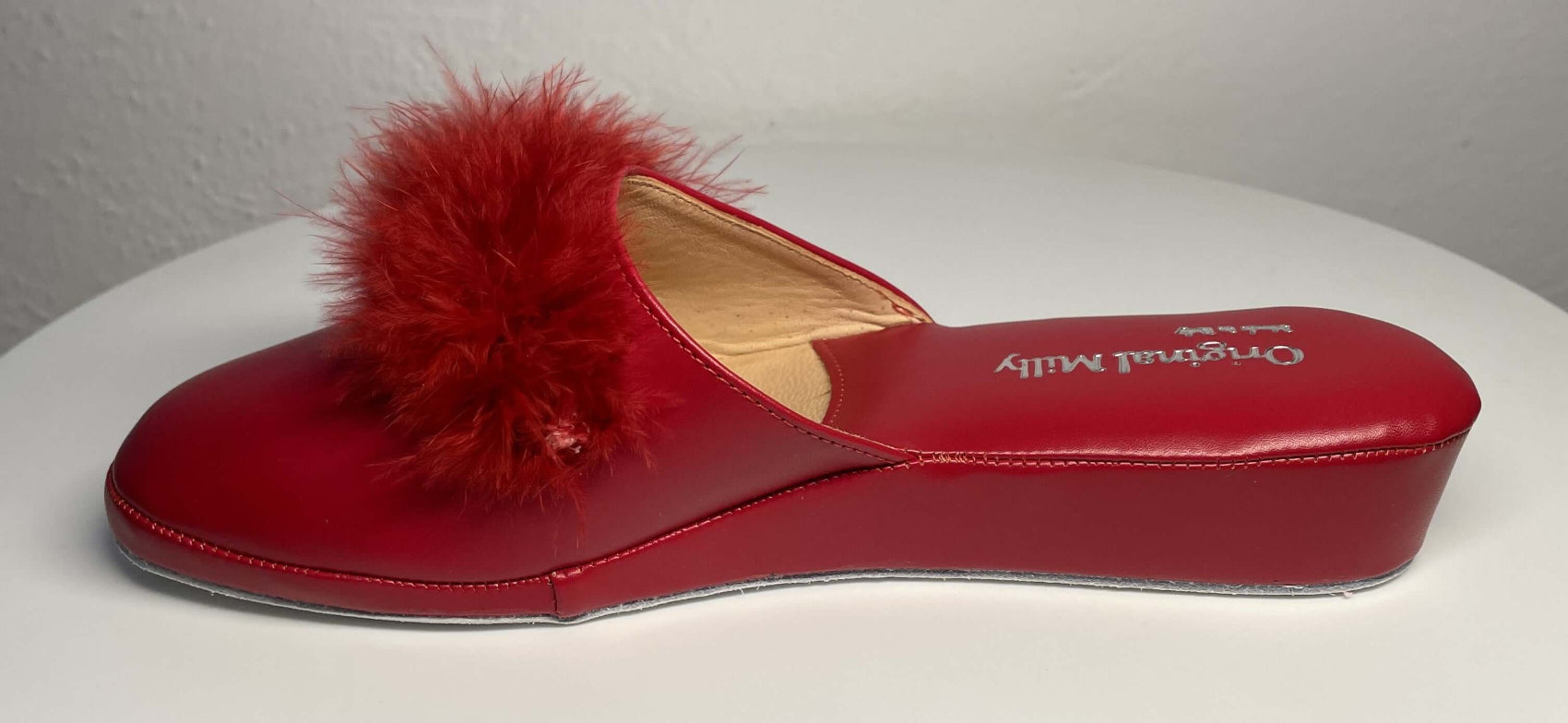 302 Ecopelle Rosso con piuma Suola Bufalo Ciabatte da camera Donna Original Milly Made in Italy