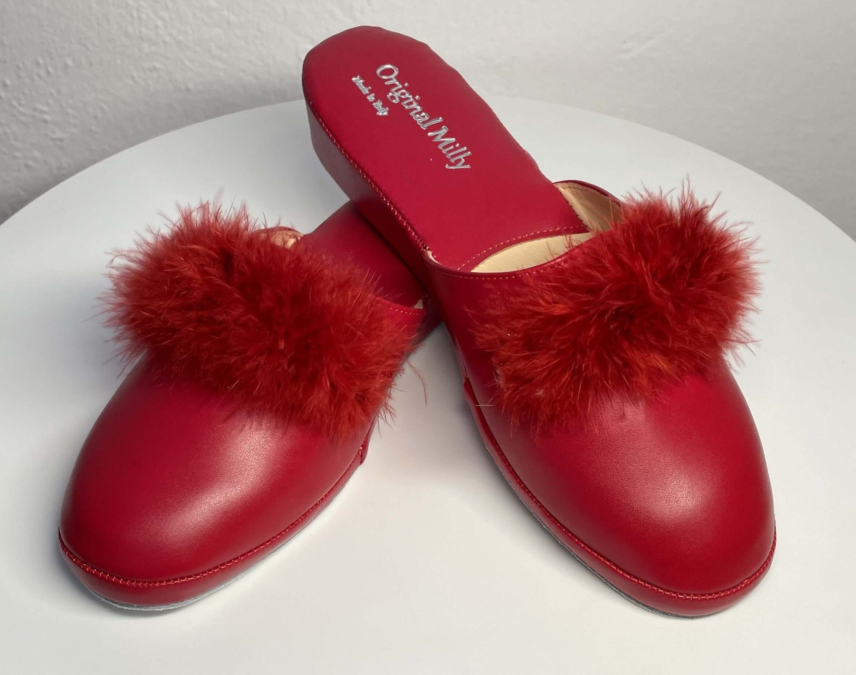 302 Ecopelle Rosso con piuma Suola Bufalo Ciabatte da camera Donna Original Milly Made in Italy