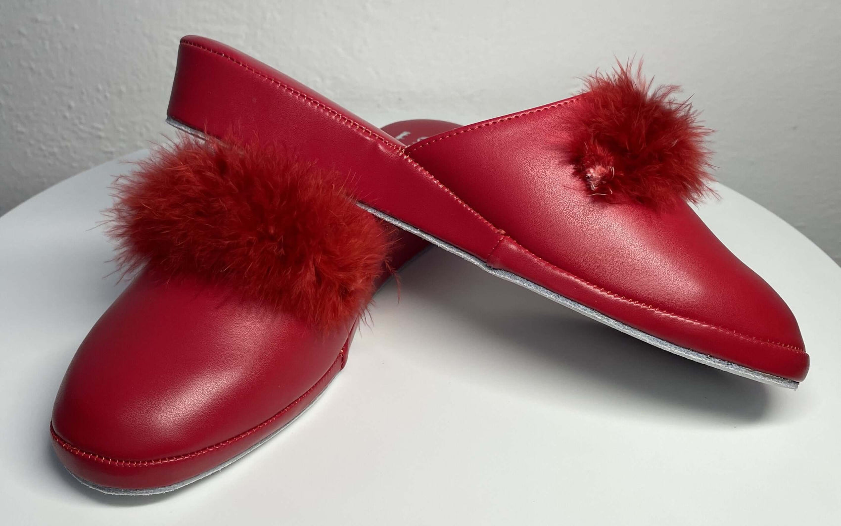 302 Ecopelle Rosso con piuma Suola Bufalo Ciabatte da camera Donna Original Milly Made in Italy