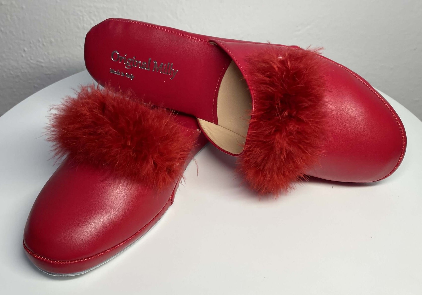 302 Ecopelle Rosso con piuma Suola Bufalo Ciabatte da camera Donna Original Milly Made in Italy