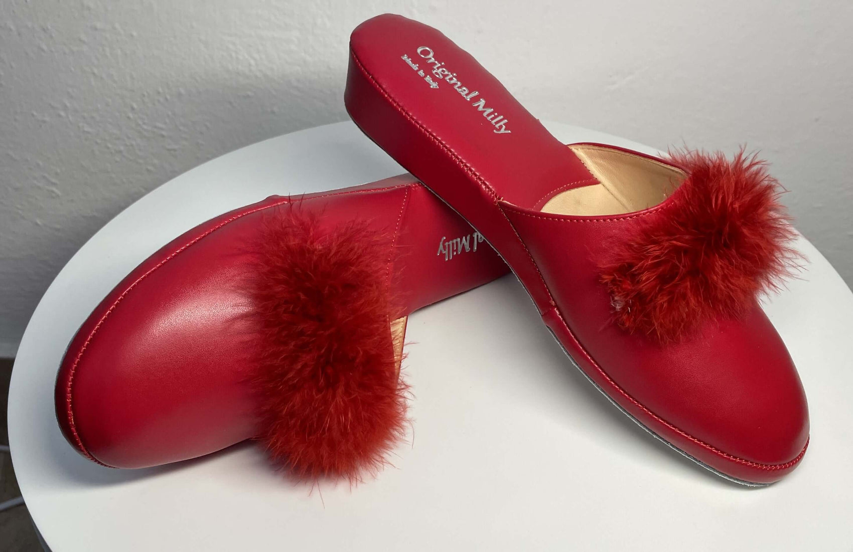 302 Ecopelle Rosso con piuma Suola Bufalo Ciabatte da camera Donna Original Milly Made in Italy