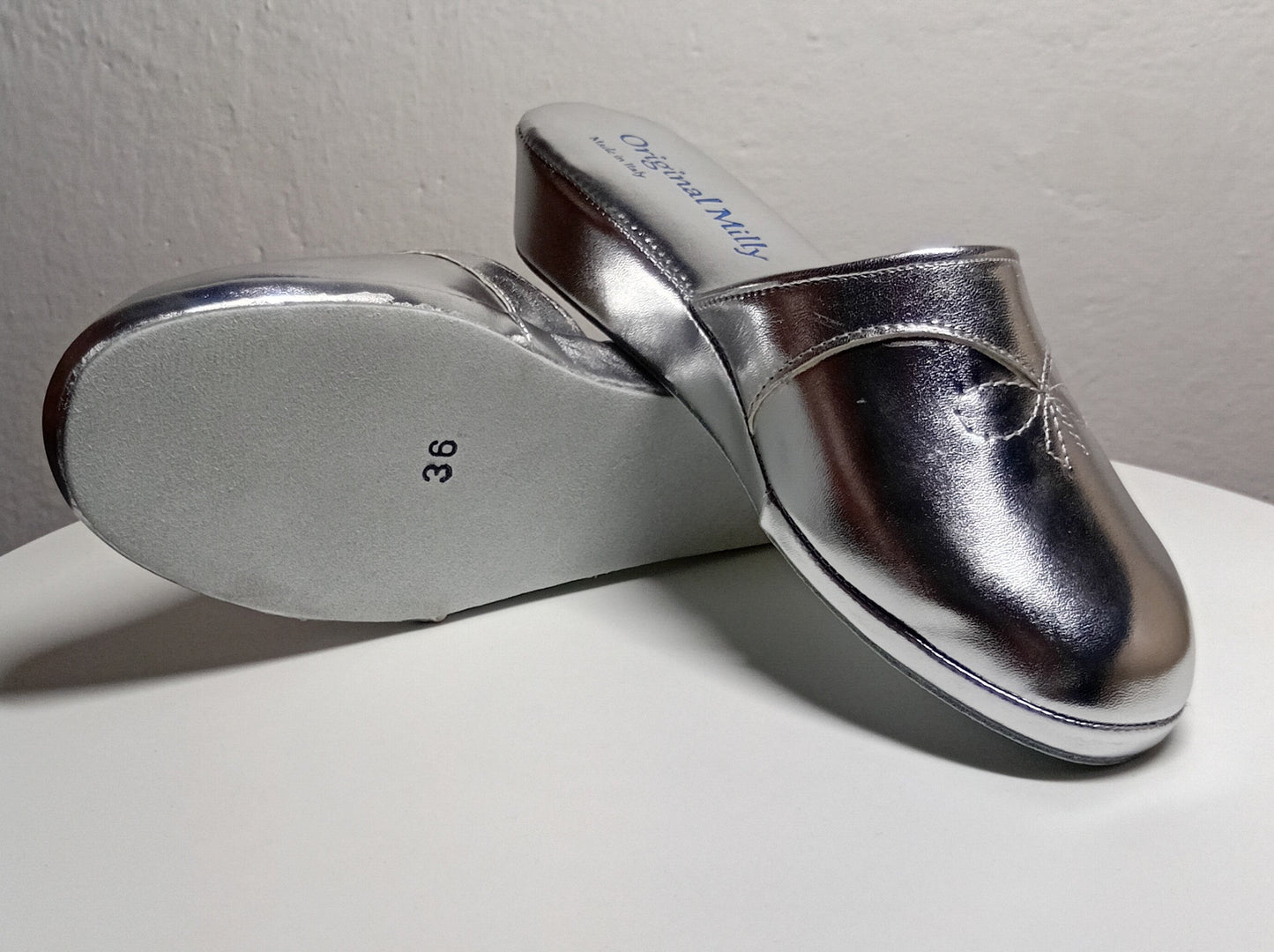 3200 Ecopelle Argento Suola Bufalo Ciabatte da camera Donna Original Milly Made in Italy - Foto N 8
