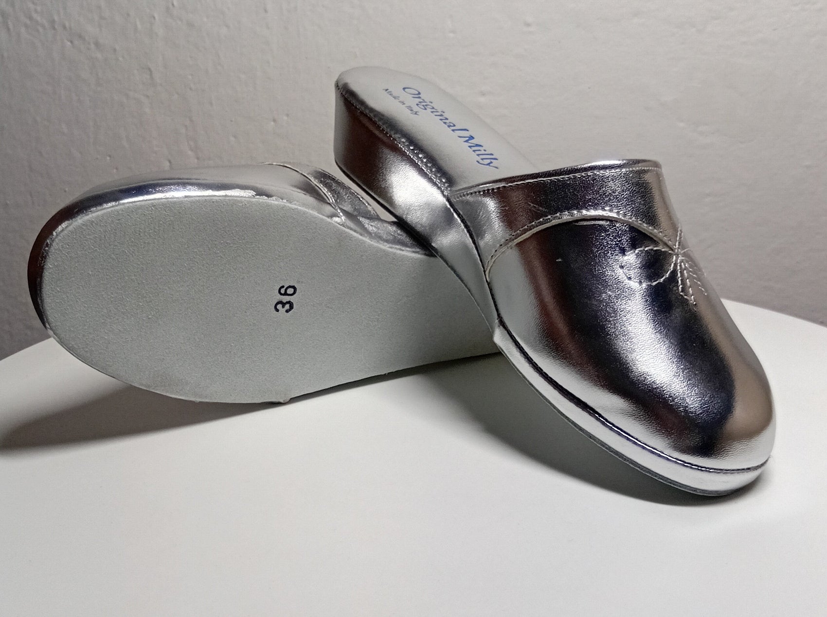 3200 Ecopelle Argento Suola Bufalo Ciabatte da camera Donna Original Milly Made in Italy - Foto N 8