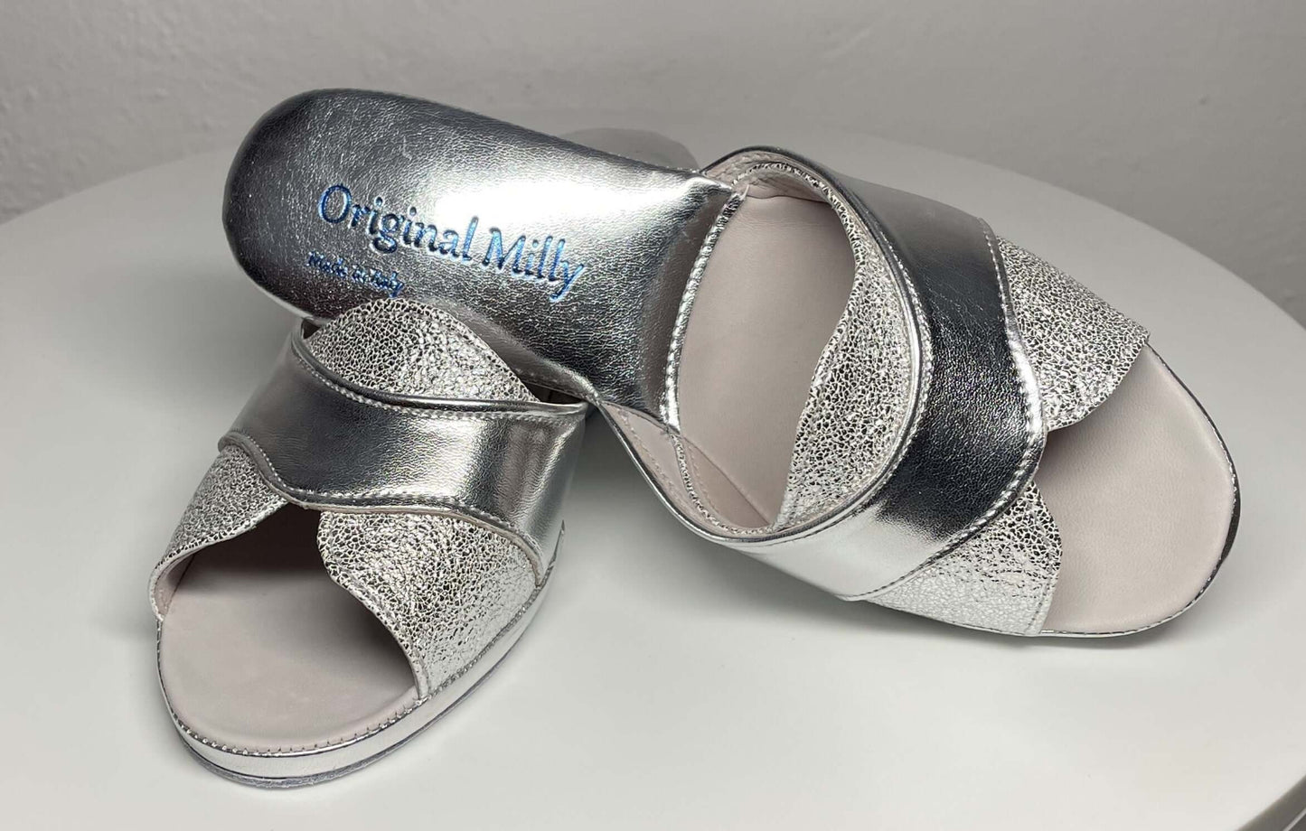 4003 Ecopelle Argento Suola Bufalo Ciabatte da camera Donna Original Milly Made in Italy