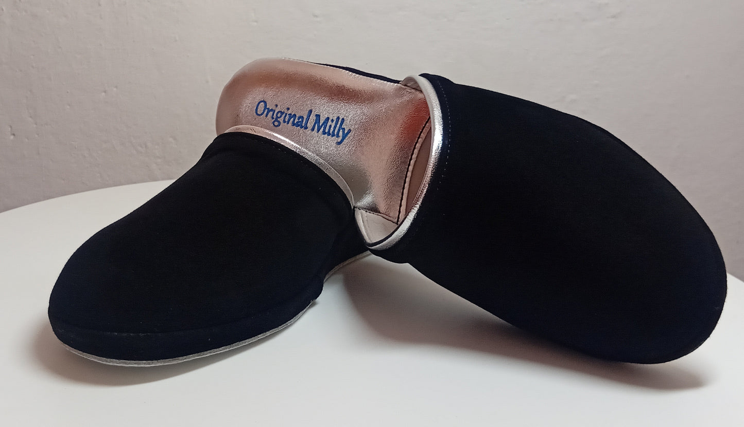 7200 Camoscio Nero Suola Bufalo Ciabatte da camera Donna Original Milly Made in Italy