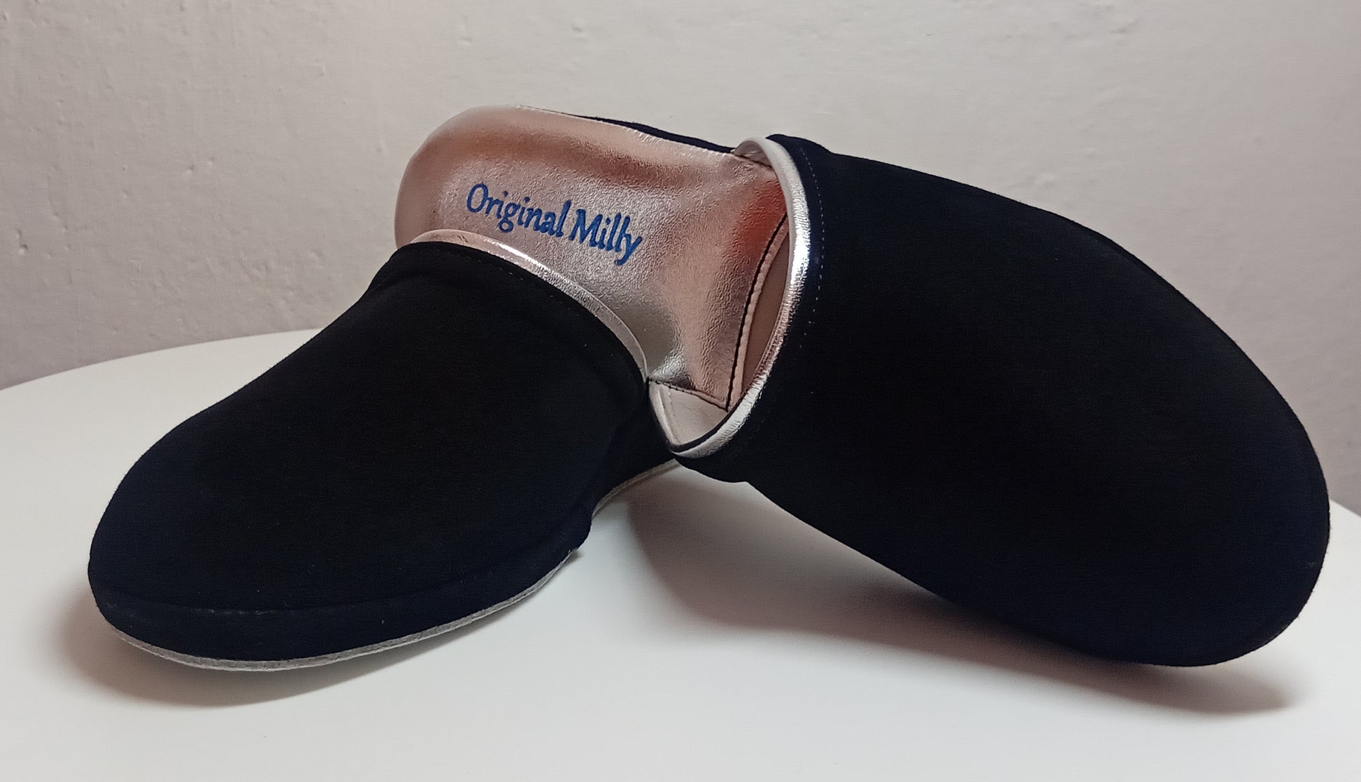 7200 Camoscio Nero Suola Bufalo Ciabatte da camera Donna Original Milly Made in Italy
