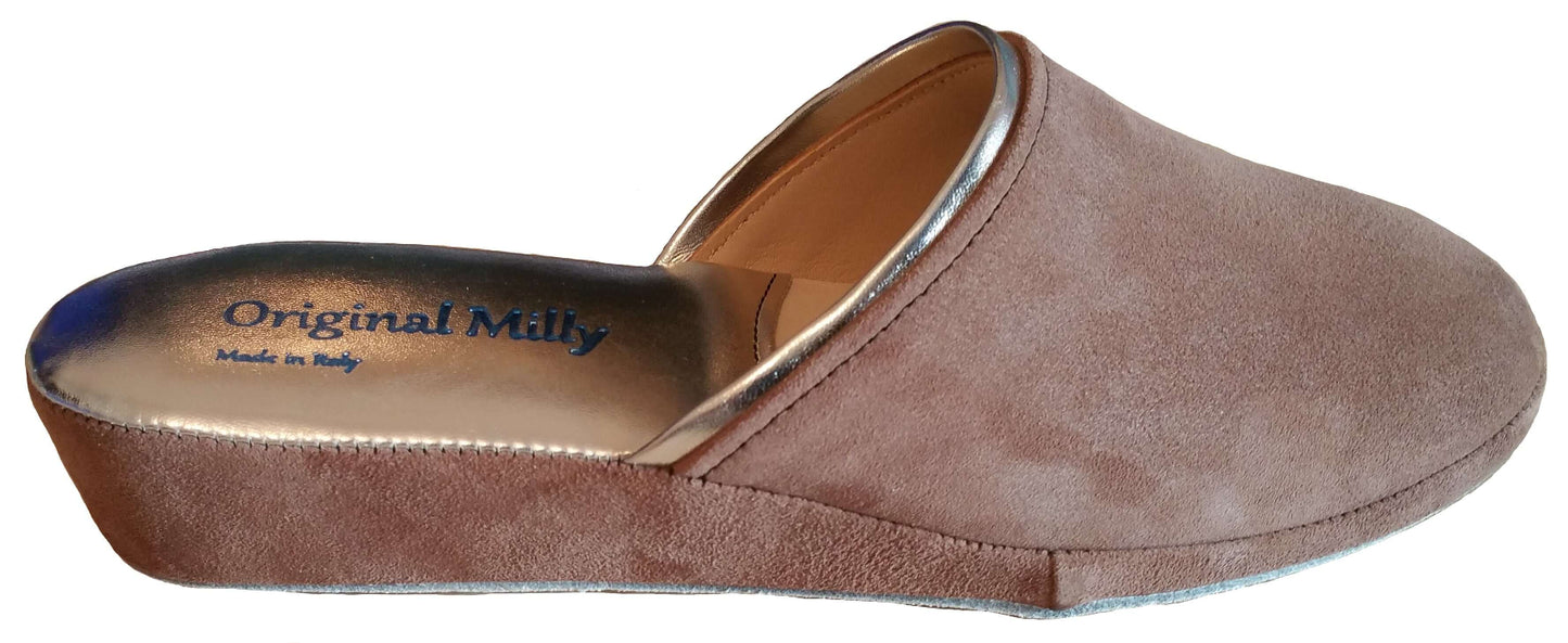 7200 Camoscio Taupe suola Bufalo Ciabatte da camera Donna Original Milly Made in Italy