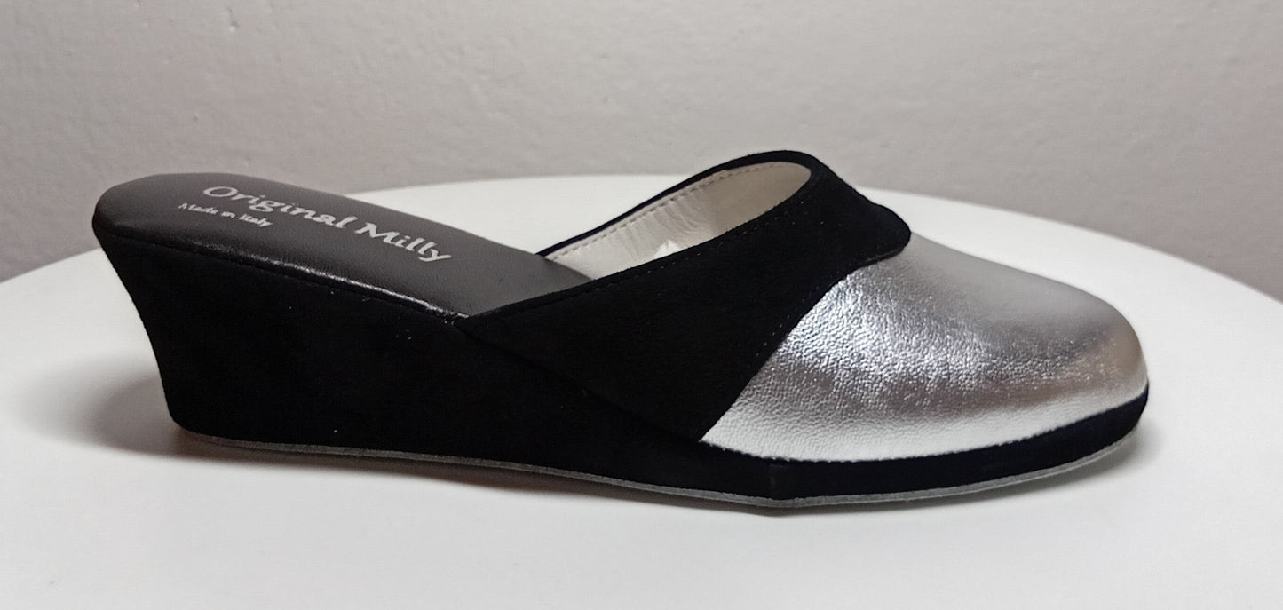 7210 Nappa e Camoscio Nero Argento Ciabatte da camera Donna artigianale Original Milly Made in Italy - Foto N 1