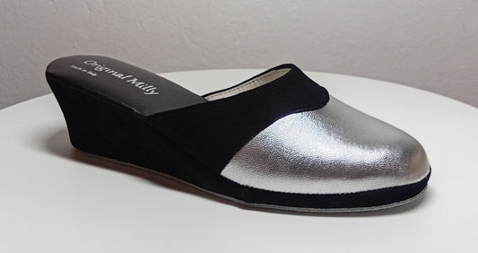 7210 Nappa e Camoscio Nero Argento Ciabatte da camera Donna artigianale Original Milly Made in Italy - Foto N 2