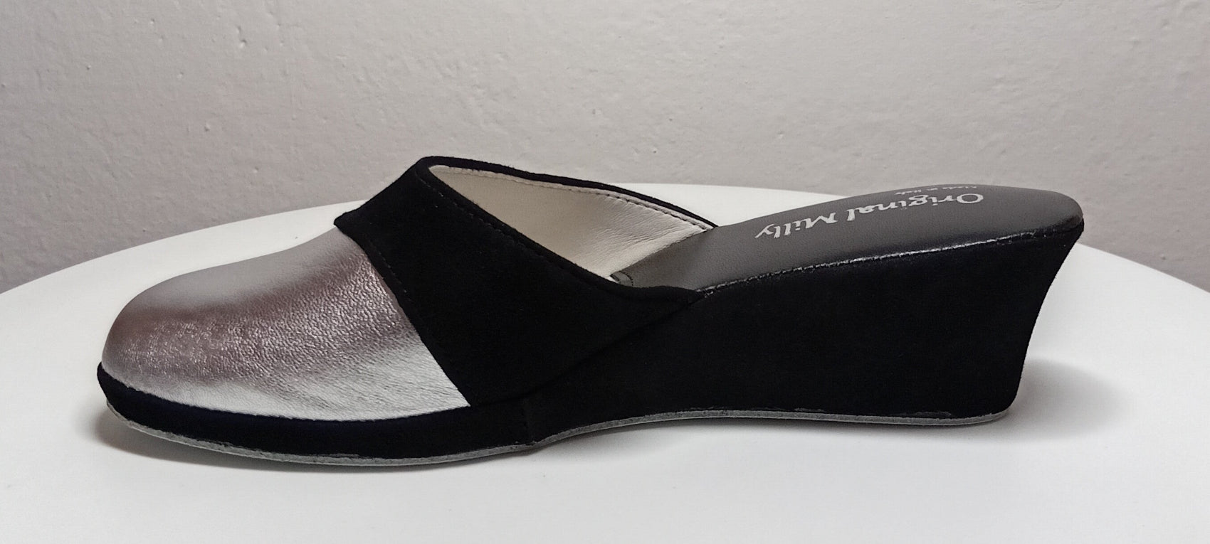 7210 Nappa e Camoscio Nero Argento Ciabatte da camera Donna artigianale Original Milly Made in Italy - Foto N 3