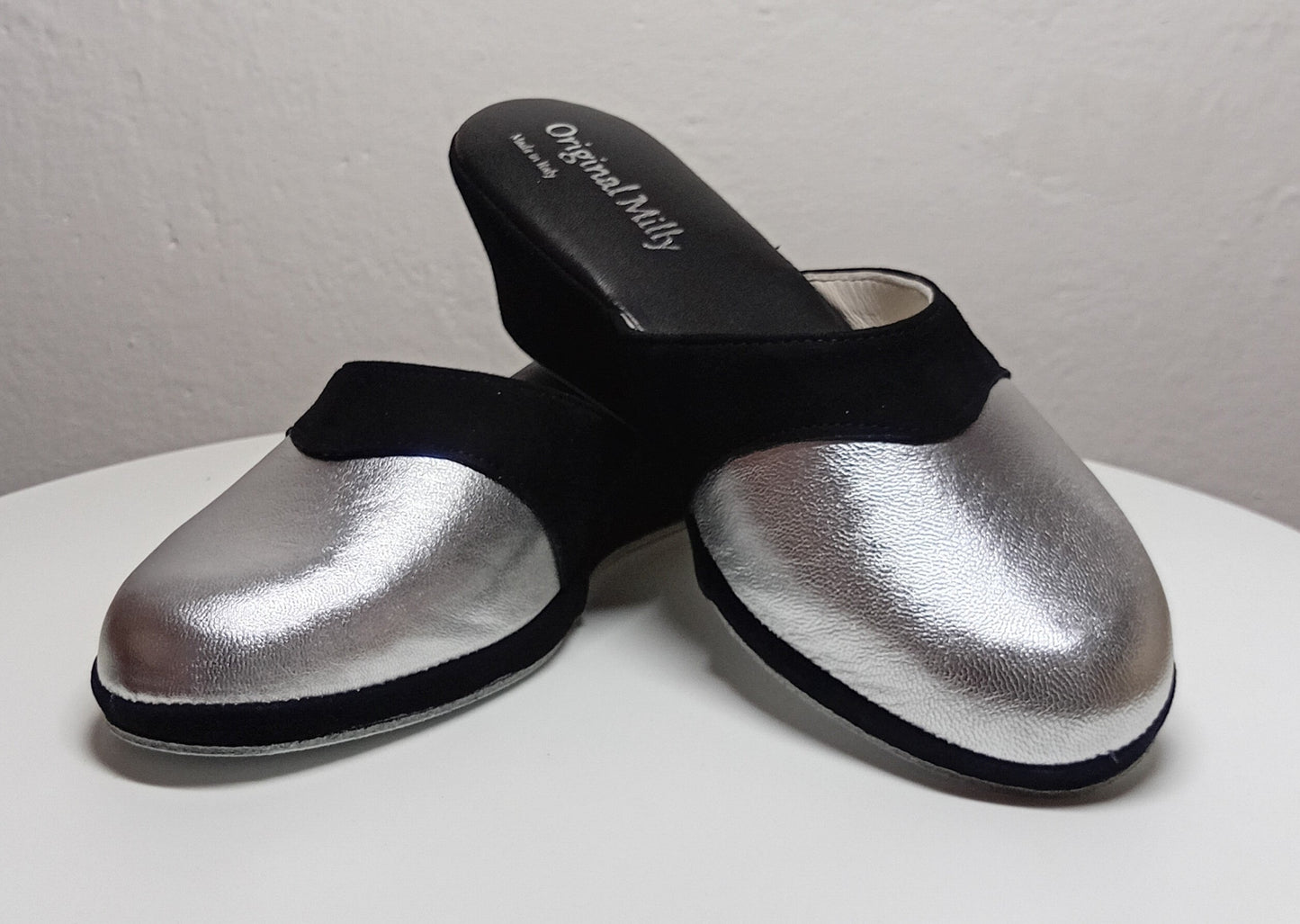 7210 Nappa e Camoscio Nero Argento Ciabatte da camera Donna artigianale Original Milly Made in Italy - Foto N 4