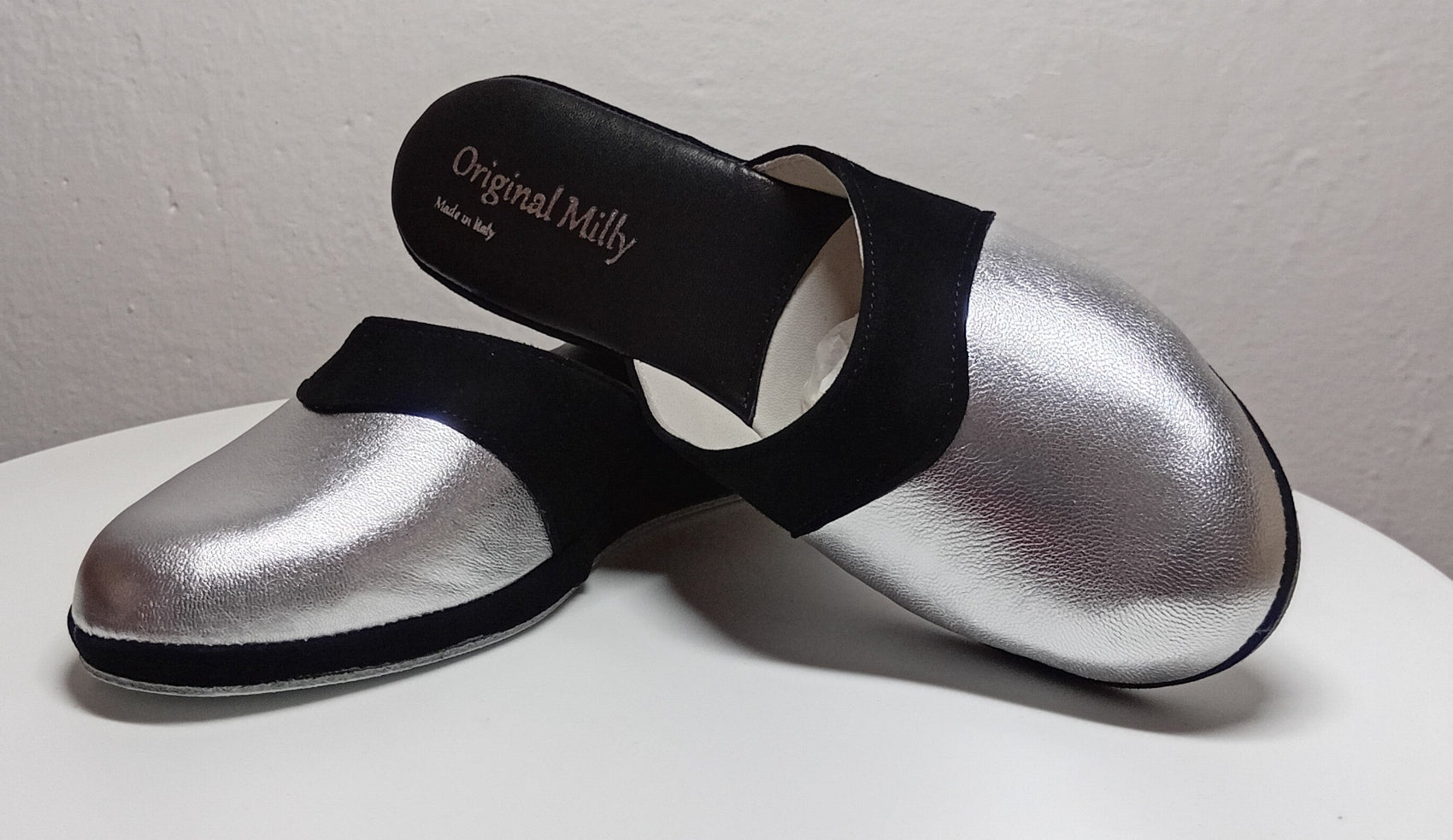 7210 Nappa e Camoscio Nero Argento Ciabatte da camera Donna artigianale Original Milly Made in Italy - Foto N 6
