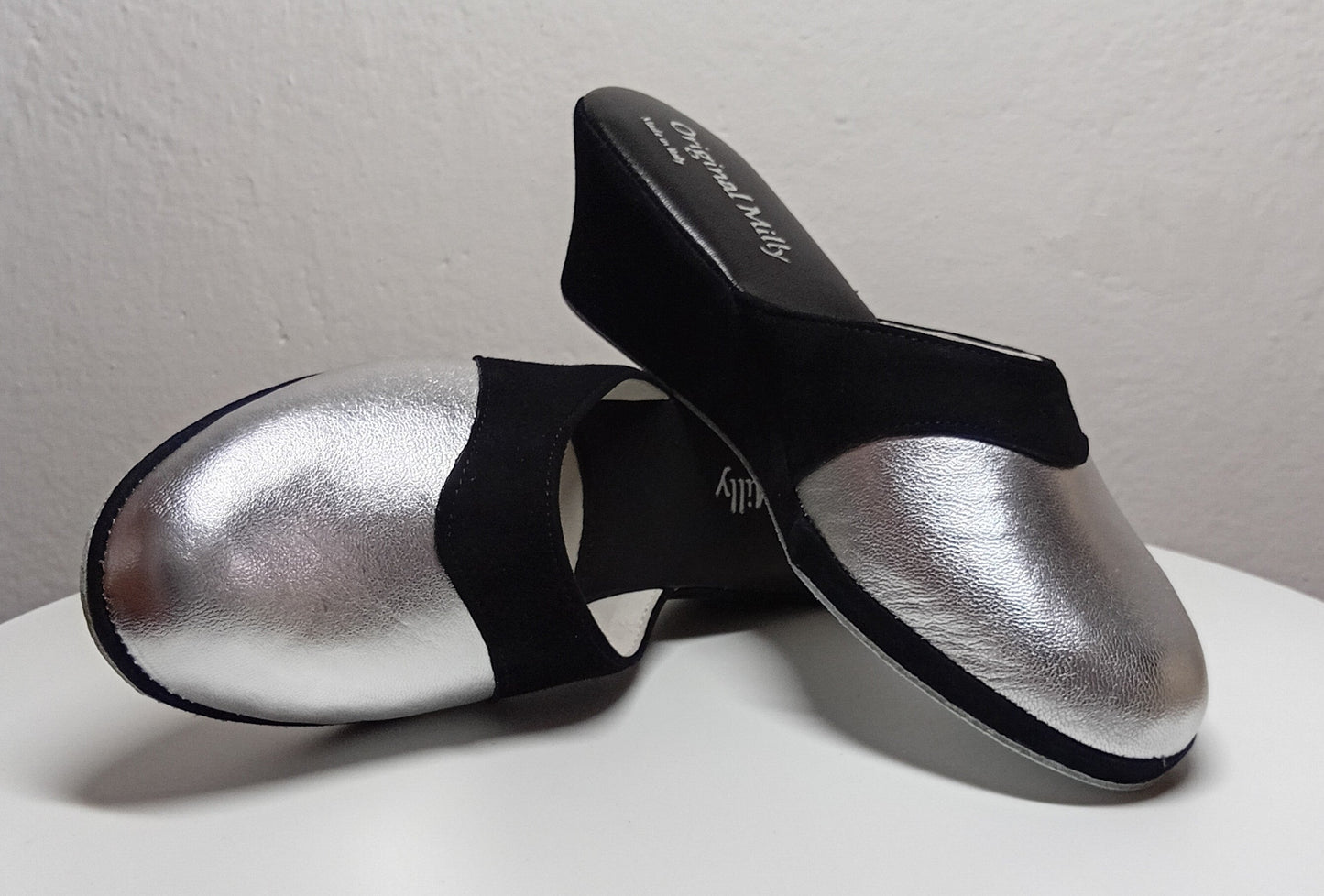 7210 Nappa e Camoscio Nero Argento Ciabatte da camera Donna artigianale Original Milly Made in Italy - Foto N 7