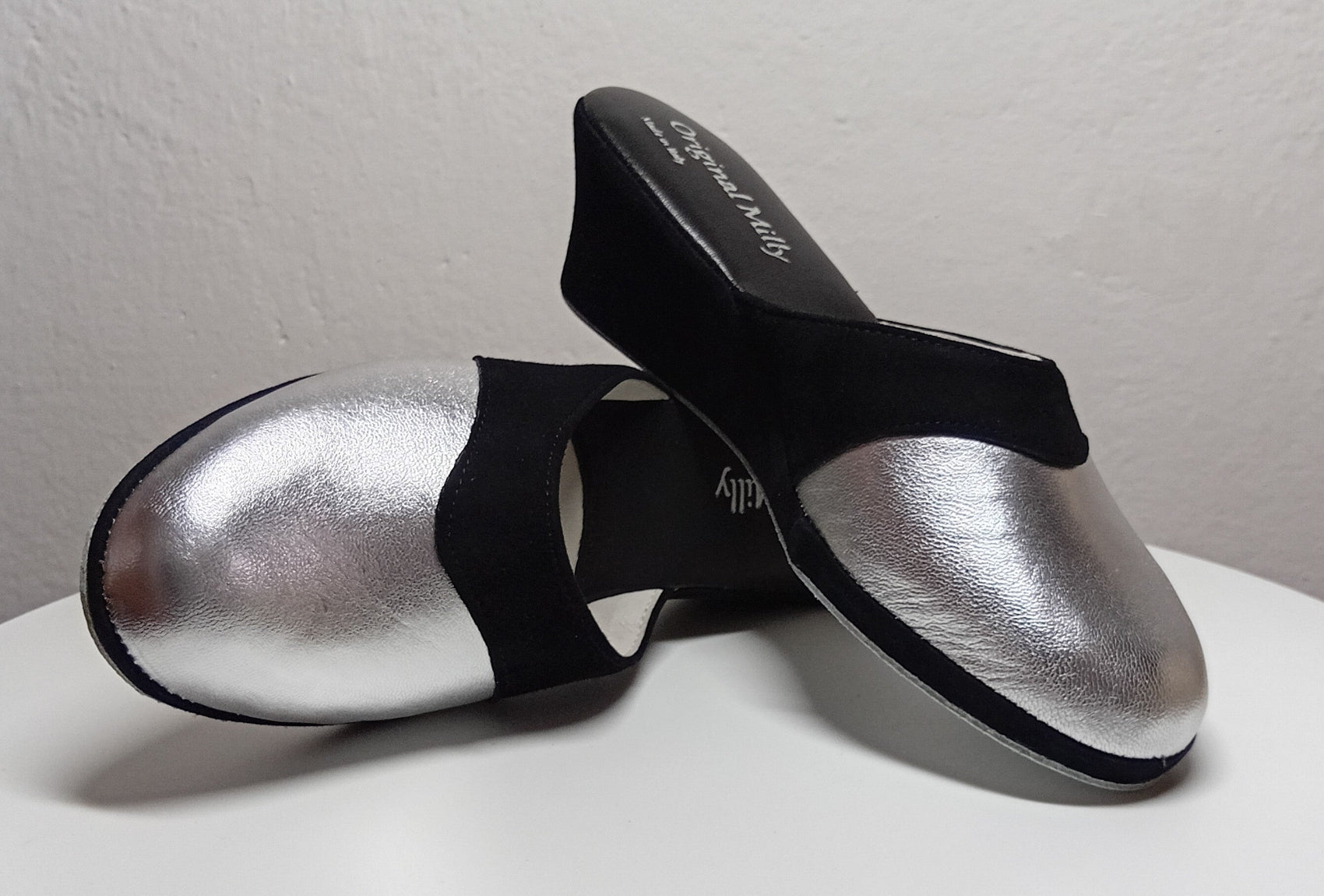 7210 Nappa e Camoscio Nero Argento Ciabatte da camera Donna artigianale Original Milly Made in Italy - Foto N 7
