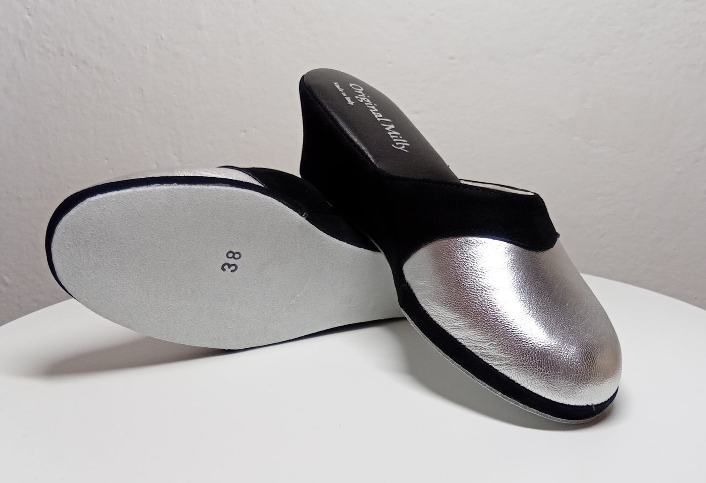 7210 Nappa e Camoscio Nero Argento Ciabatte da camera Donna artigianale Original Milly Made in Italy - Foto N 8