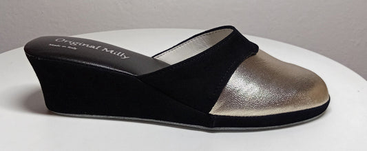 7210 Nappa e Camoscio Nero Oro Ciabatte da camera Donna artigianale Original Milly Made in Italy - Foto N 1
