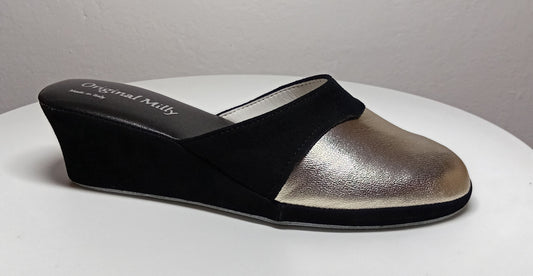 7210 Nappa e Camoscio Nero Oro Ciabatte da camera Donna artigianale Original Milly Made in Italy - Foto N 2