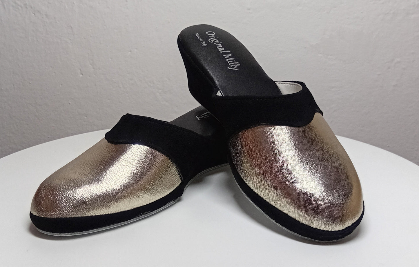7210 Nappa e Camoscio Nero Oro Ciabatte da camera Donna artigianale Original Milly Made in Italy - Foto N 4
